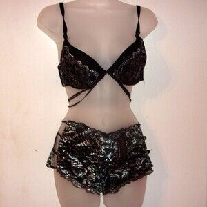 Youmita 34C Black Metallic Lace Bra & Medium Caged Coordinating Boyshort NWT